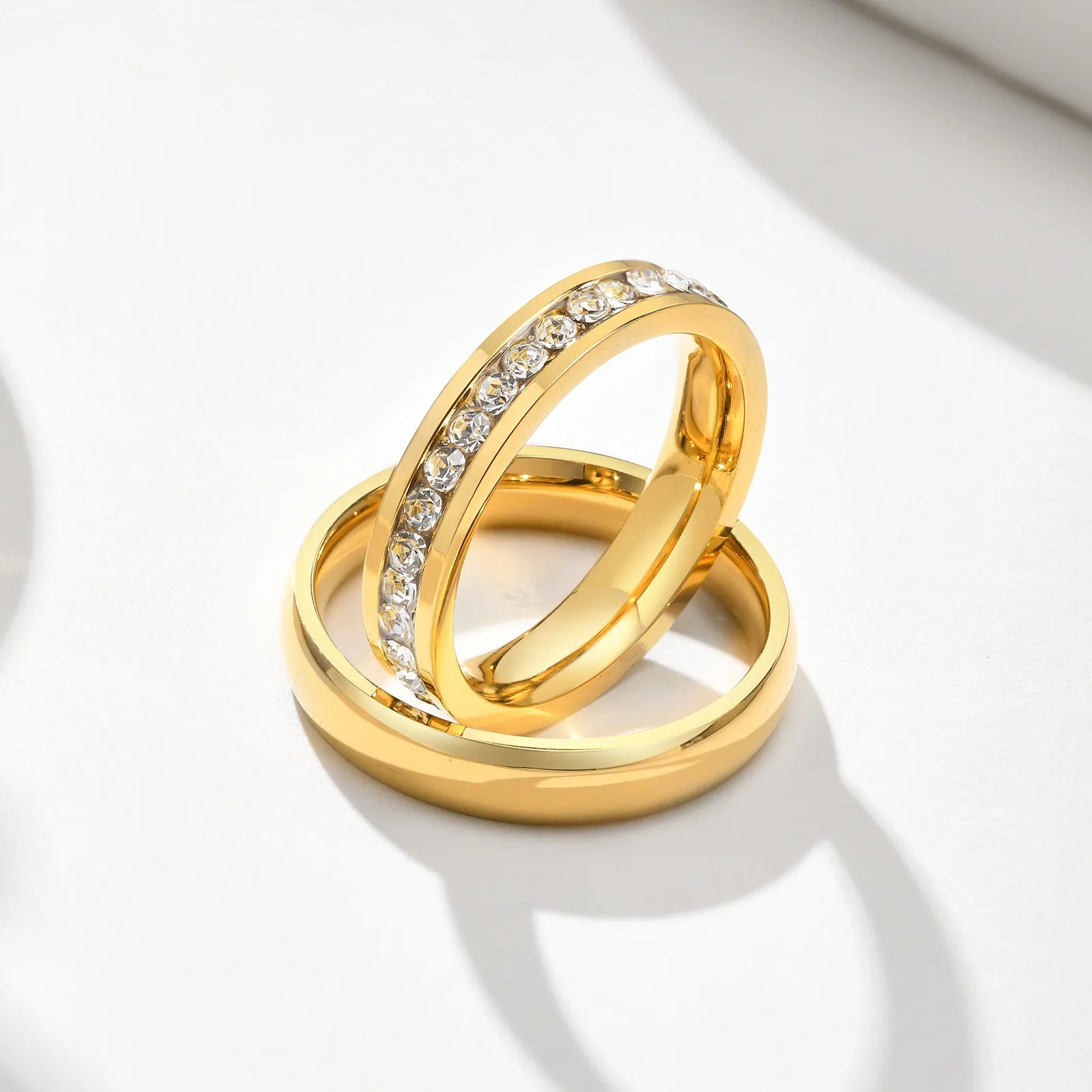 Waterproof Custom Logo Engagement Bands Couple Rings 3A+ Zircon Setting Genuine 18K Gold Plated Stainless Steel Eternity Rings