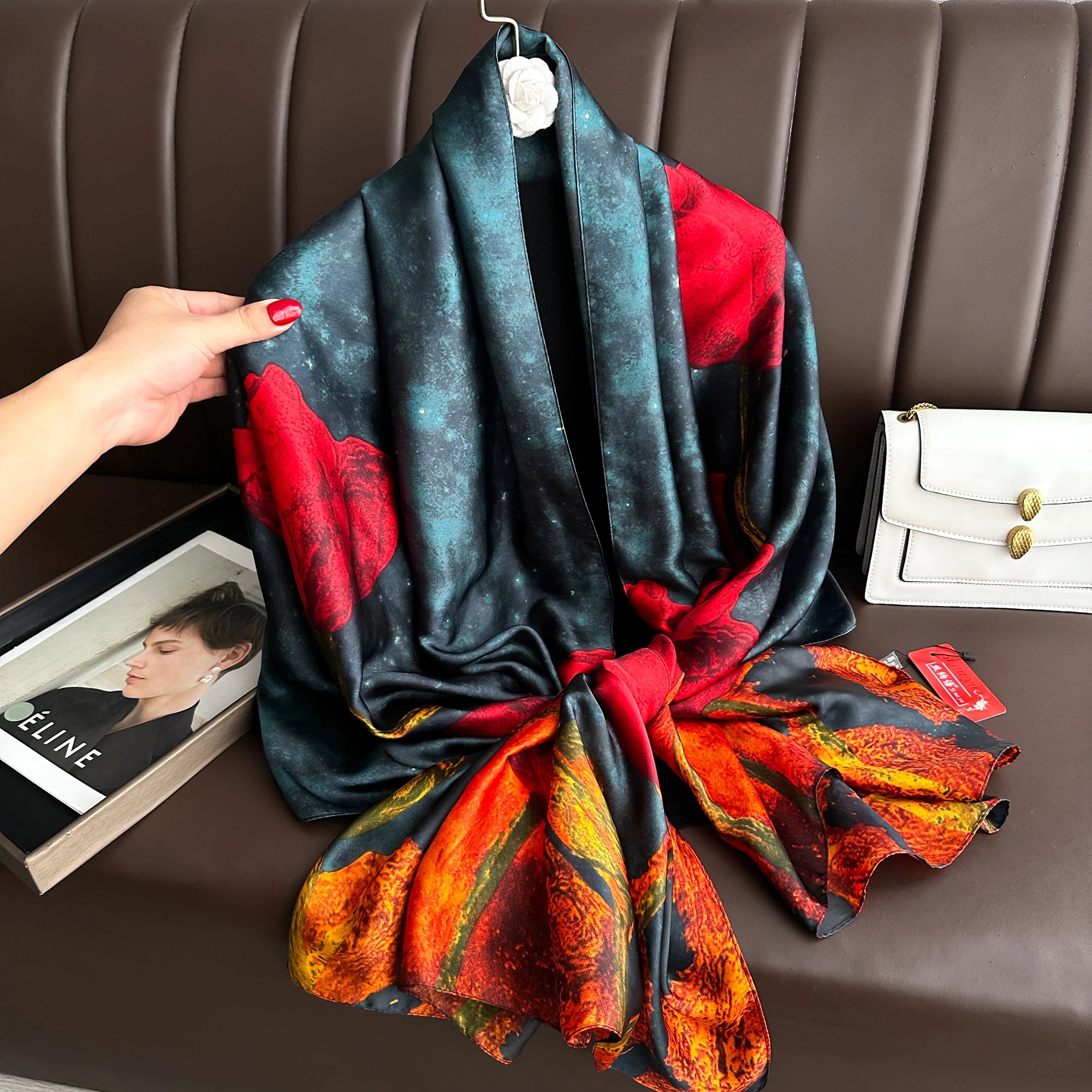 Hot Sell Red Flower Printed Silk Feeling Scarves Women Long Large Polyester Silk Scarf Sunscreen Floral Pattern Shawls