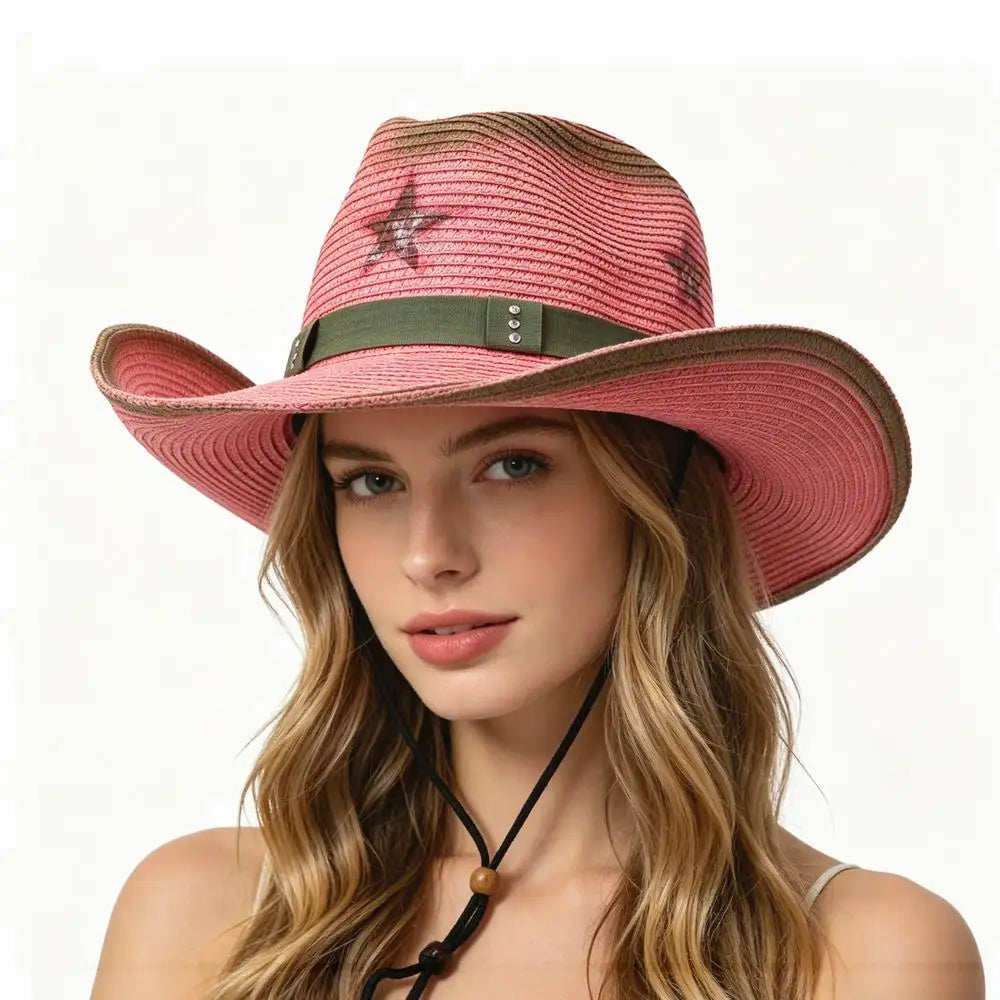 Fashion pink Star Cowboy Hat Western Cowgirl Graffiti Cosplay Costume Party Personality Travel Beach Straw Hat for Women