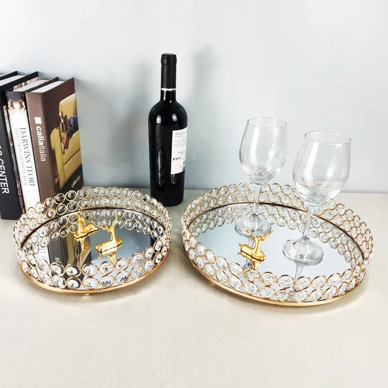 European-style Glass Mirror Tray Light Luxury Home Decoration Wedding Props Cosmetic Storage Fruit Pearl Tray