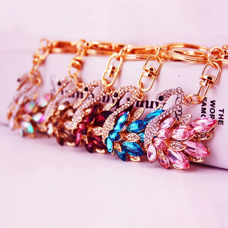Cute Swan Keychain Keyring New Fashion Jewelry Crystal Animal Metal Key Chain Ring for Women Gift Bag Charm