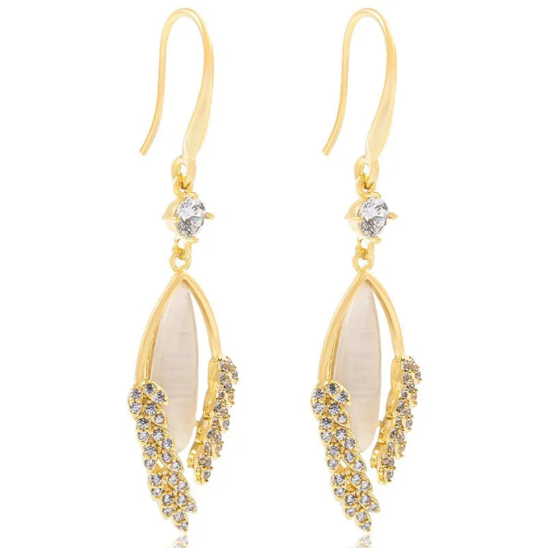Fancy Jewelry Gold Plated Crystal Wheat Drop Earrings Rhinestone Opal Leaf Dangle Earrings for Women Gift