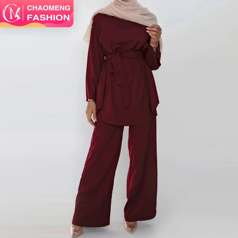 High Quality Pure Color Two Pieces Set Simple Blouse and Loose Wide Leg Pant Office Fashion Sets Muslim Modest Abaya Sets 2272