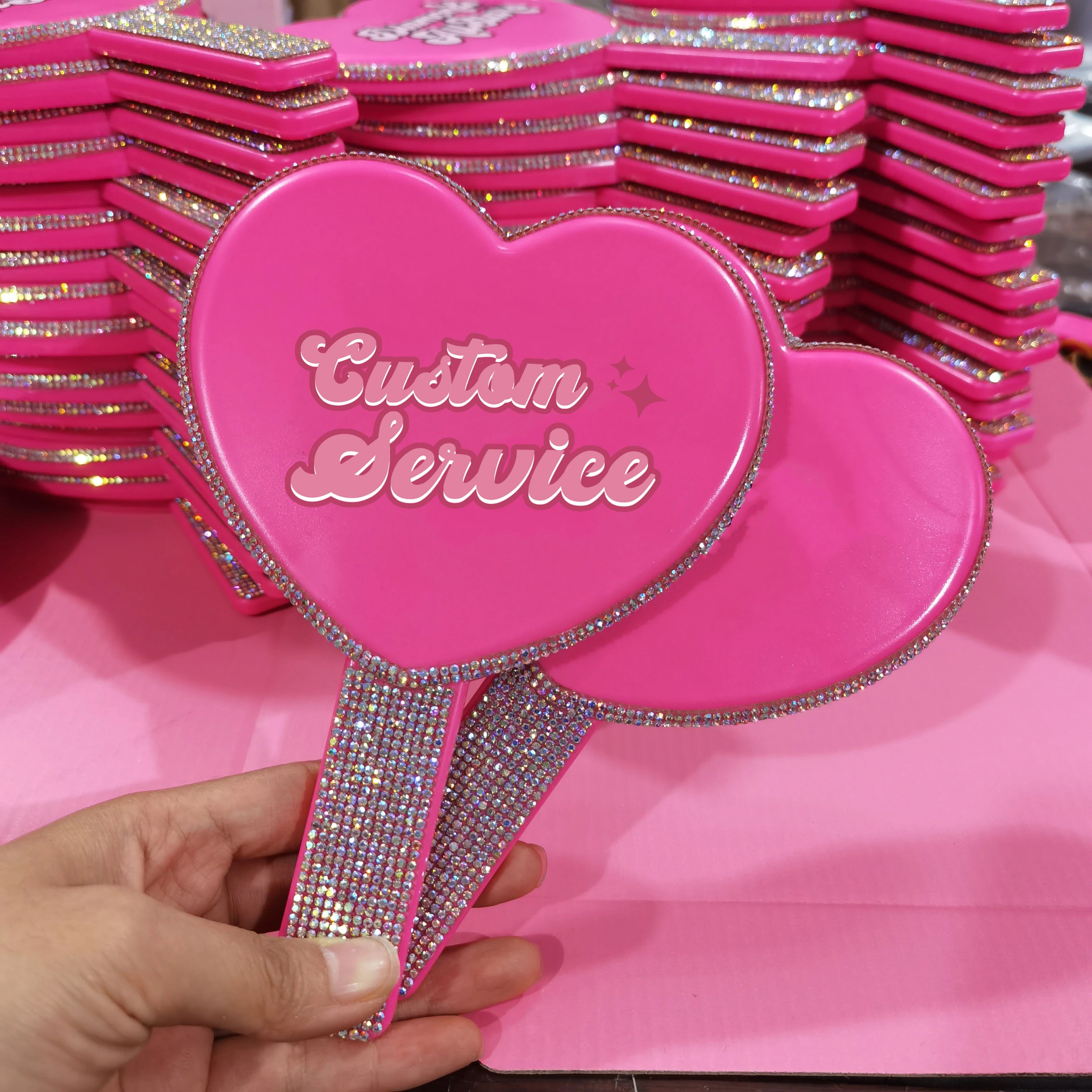 Heart-shaped Handle Makeup Mirror with Rhinestone Elliptical Hand-held Vanity Mirrors square Mirror