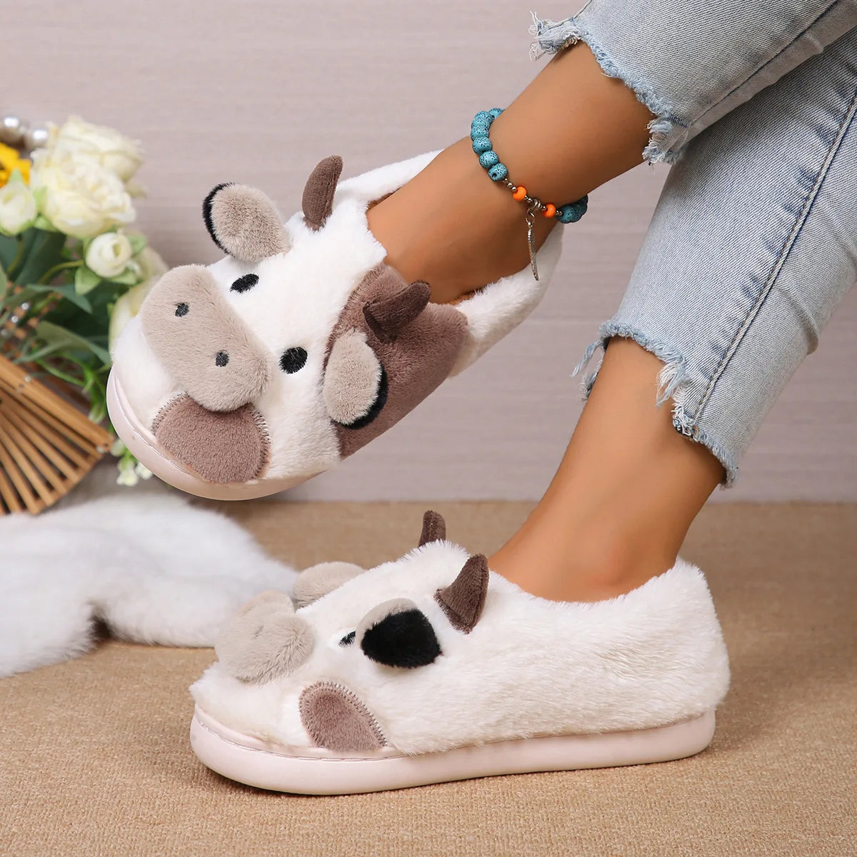 New Winter Unisex Cartoon Cow Warm Plush Slippers Couple's Indoor Non-slip House Slides Men and Women Toe Wrap Home Cotton Shoes