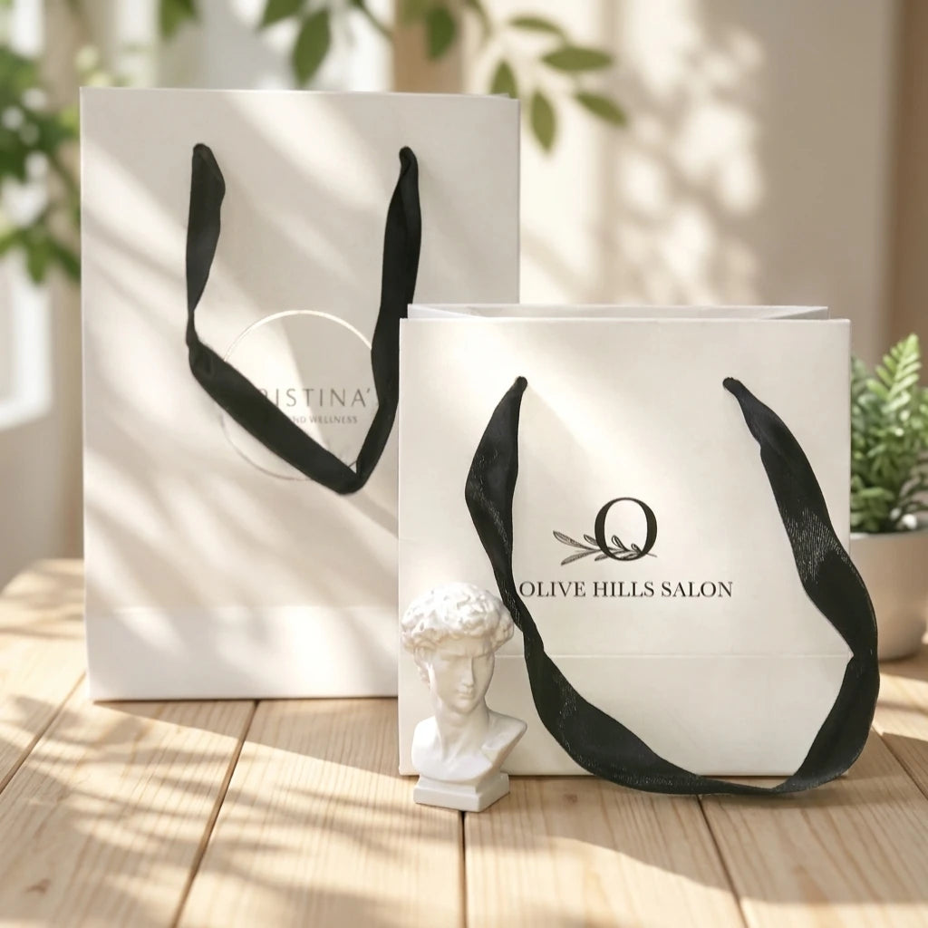 Wholesale Luxury White Coated Paper Shopping Bags Custom Black Silk Ribbon Handle Gift Packaging Bag for Beauty Salon Boutique