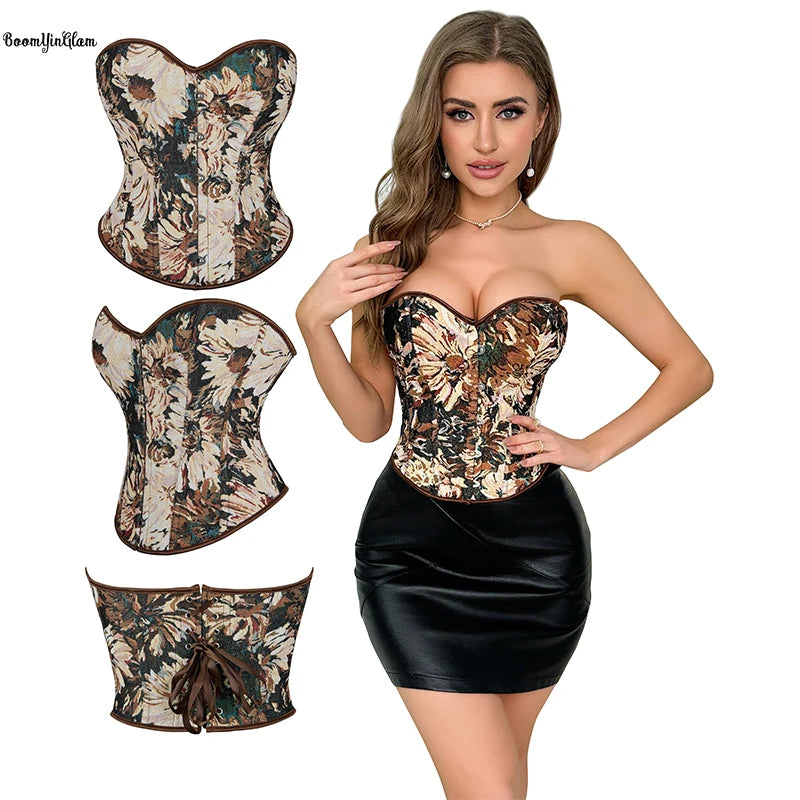 Retro Court Style Elegant Fashion Jean Fabric Vintage Waist Trainer Bustier Floral Top Plain Dyed Overbust Corset Top for Women