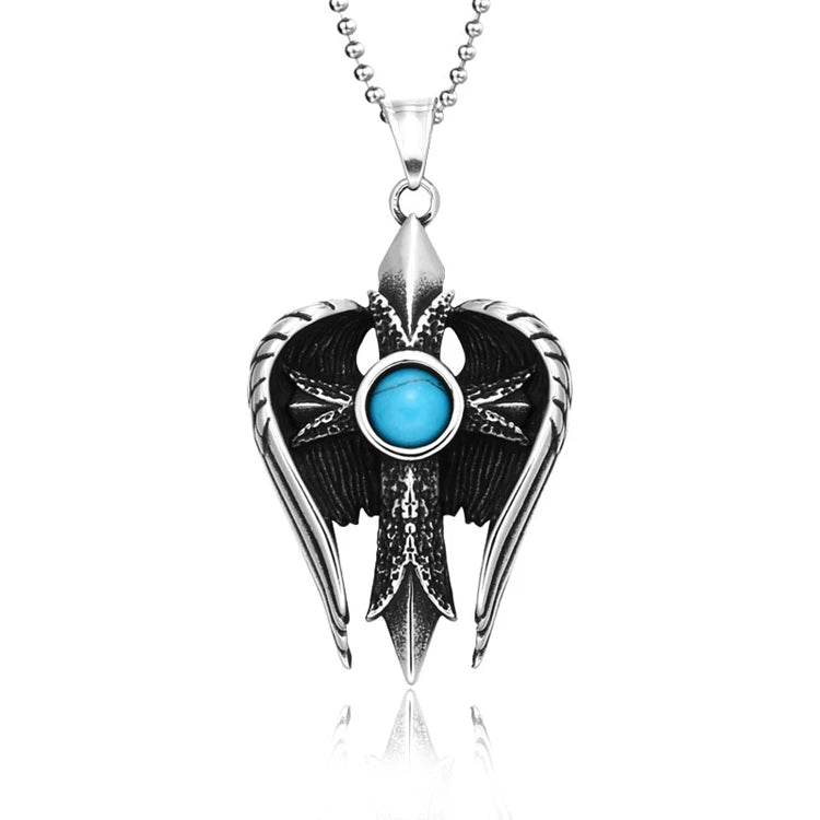SS8-626P Steel Soldier Mysterious Stainless Steel Punk Viking Cross Silver Angle Wing Pendant