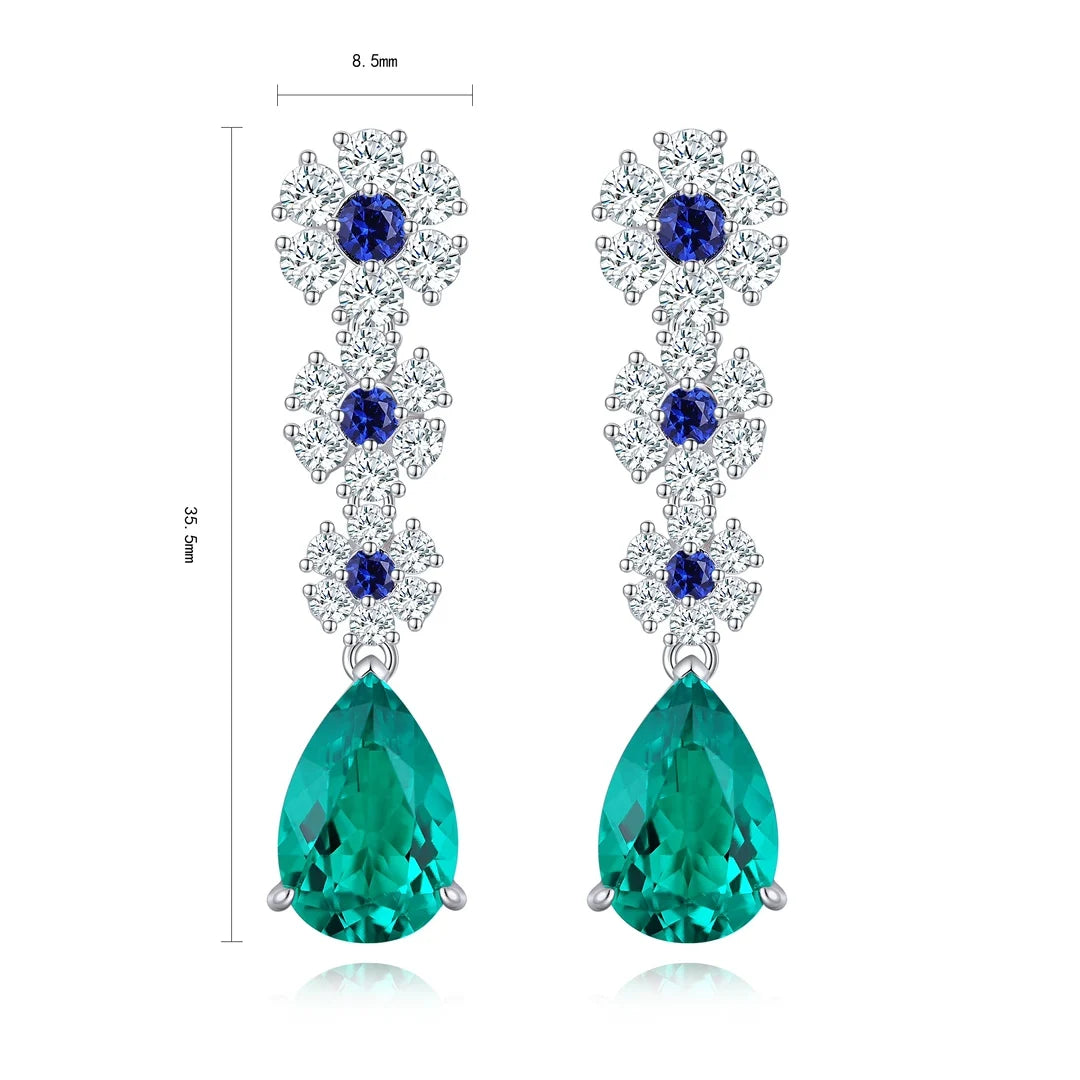 Beautiful Dangling Flowers 925 Silver Lab Grown Emerald Stud Earring Long Large Teardrop Earrings Suitable for Wedding Jewelry
