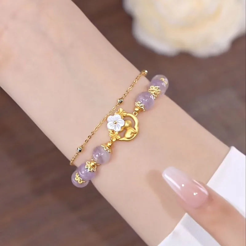 Fashion Imitation Hetian Jade Bracelet Rabbit Flower Beaded Bracelet Freshwater Pearl Purple Stone Pendant Layers Bracelet