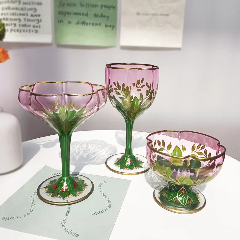 Factory Direct Sell Austrian Medieval champagne Glass Goblet Hand Painted Vintage Flower Ice Cream Bowl