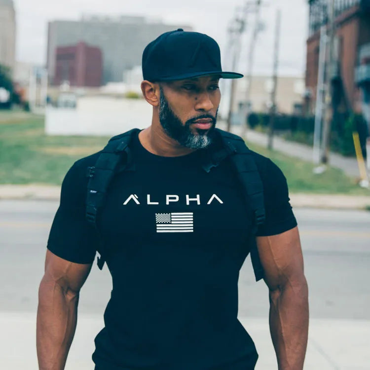 Muscle Brothers Summer O-Neck Collar Sports T-shirt Men's Short Sleeve Fitness Running Training Clothing Alpha Short Sleeve