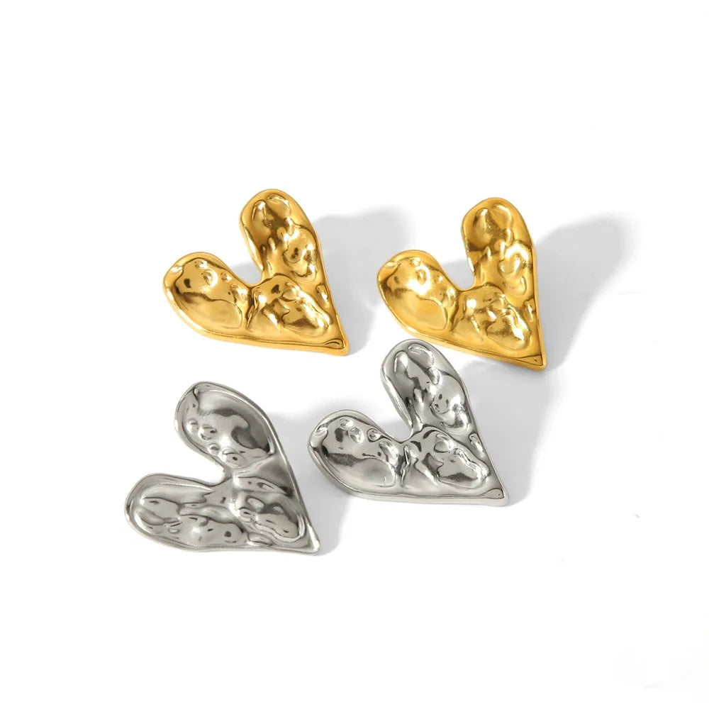 Nabest 18K Gold Plated Stud Earrings Waterproof Irregular Lava Texture Stainless Steel Heart Earrings for Women