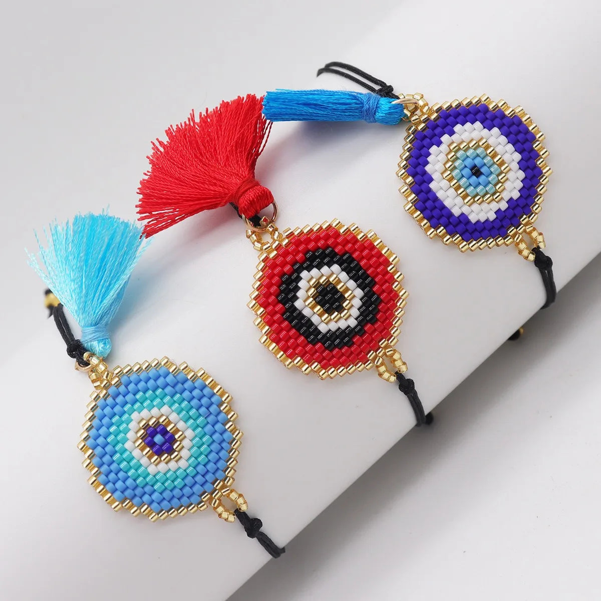 Miyuki Boho Women's Trendy Eye Shape Seed Bead Round Eye Tassel Charm Bracelet Adjustable Woven Jewelry Dainty Bracelet for Gift