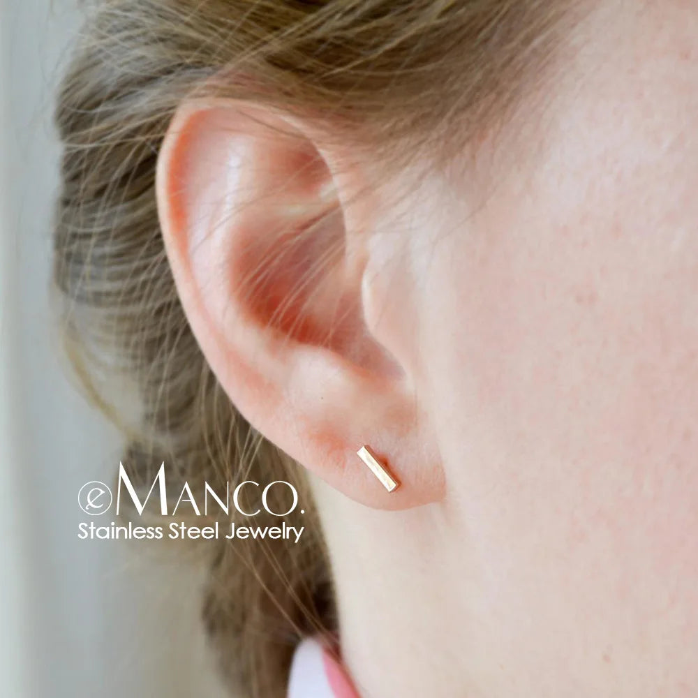 EManco Fashion PVD Gold Plated Stainless Steel Small Bar Stud Earrings 14K Gold Minimalist Geometric Stud Earrings for Women