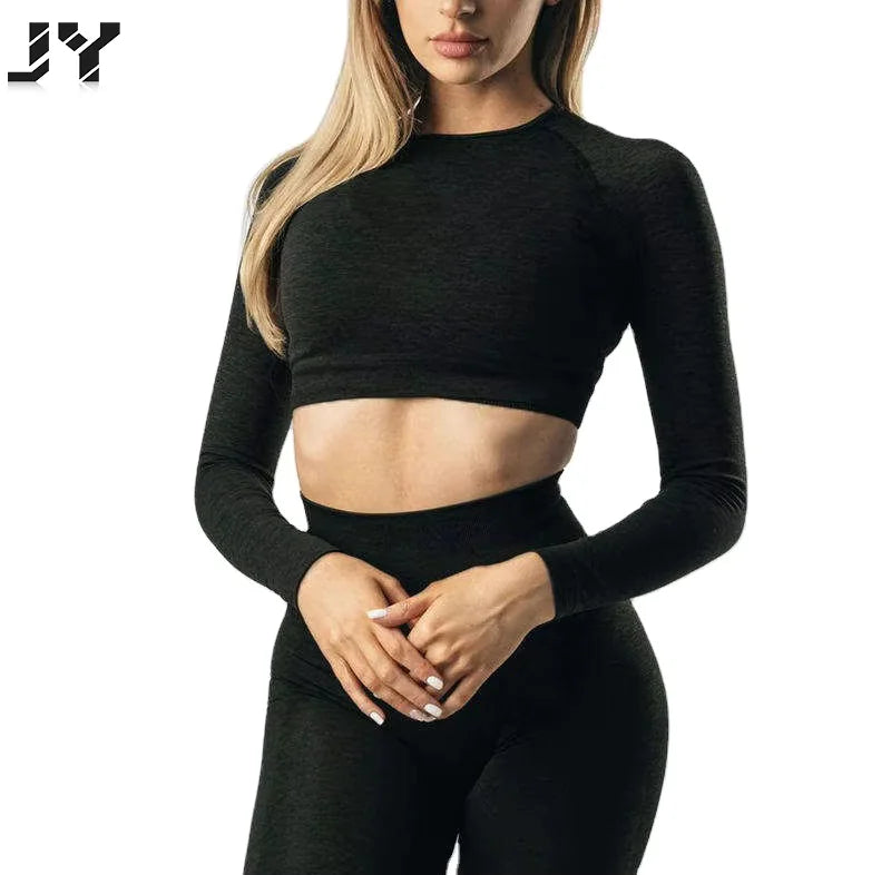 Joyyoung Wholesale Custom Women 3 Pieces Fitness Sets Gym Legging Seamless Fitness Long Sleeve Crop Top Yoga Suit Sportswear