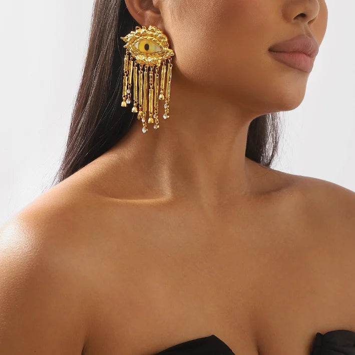 Vintage Luxury Big Rhinestone Eye Earring Exaggerated Trendy Earrings Baroque Golden Color Jewellery Crystal Tassels Jewelry