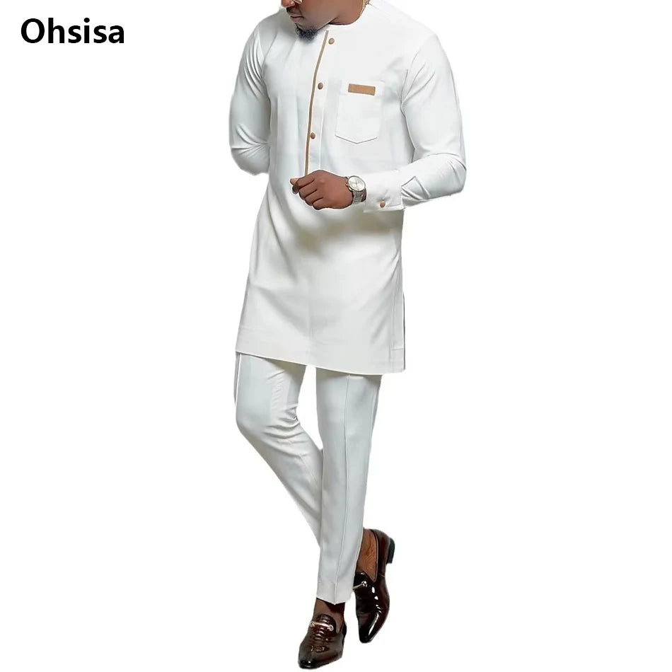 2025 New Popular African Shirt + Long Pants 2 Piece Set Ethnic Style Men's Suits Long Sleeve O-neck Pullover White Casual Suits