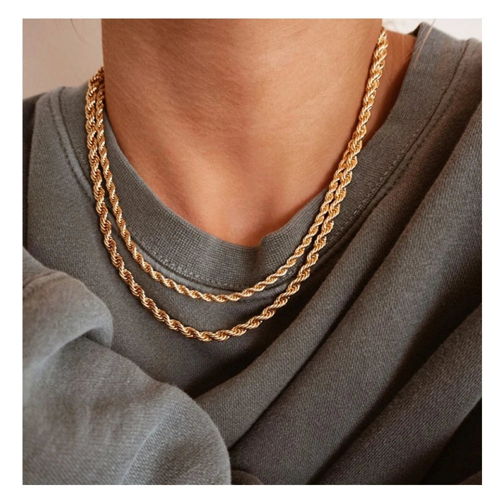 Non Tarnish Wholesale Custom Length Jewelry 14K Gold Plated Stainless Steel Twisted Rope Chain Necklace