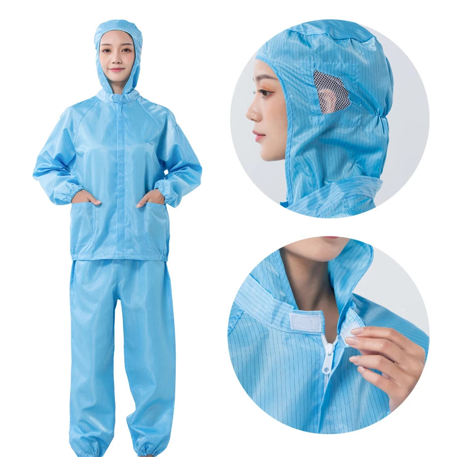 Industrial Washable Blue Two Pieces Antistatic Clean Room ESD Smock Garments/ESD Hooded Uniform With Zipper