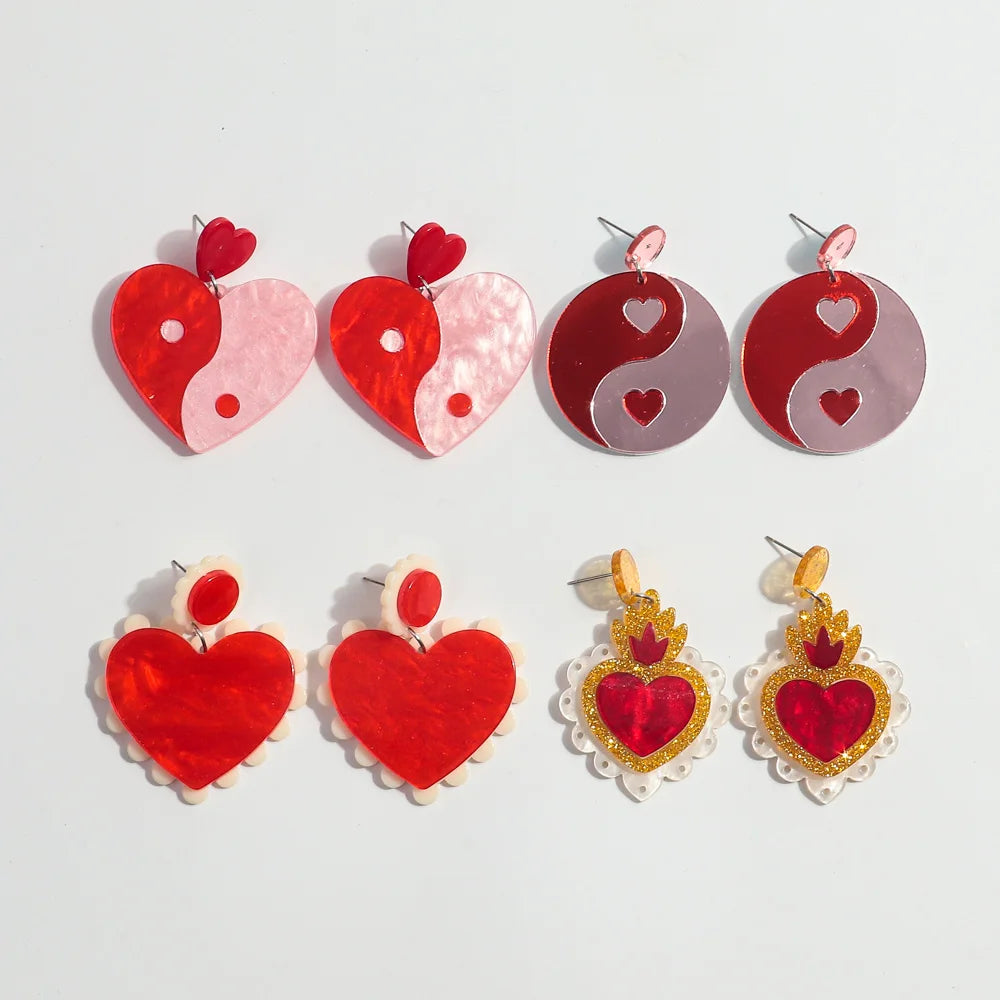 New Valentine's Day Fashion Accessory Gold Glitter Flame Romantic Lace Red Heart Acrylic Tai Chi Geometry Funny Drop Earrings