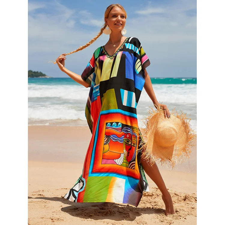 Muslim Rayon Positioning Printing Robe Bikini Sunscreen Dress Beach Cover Ups