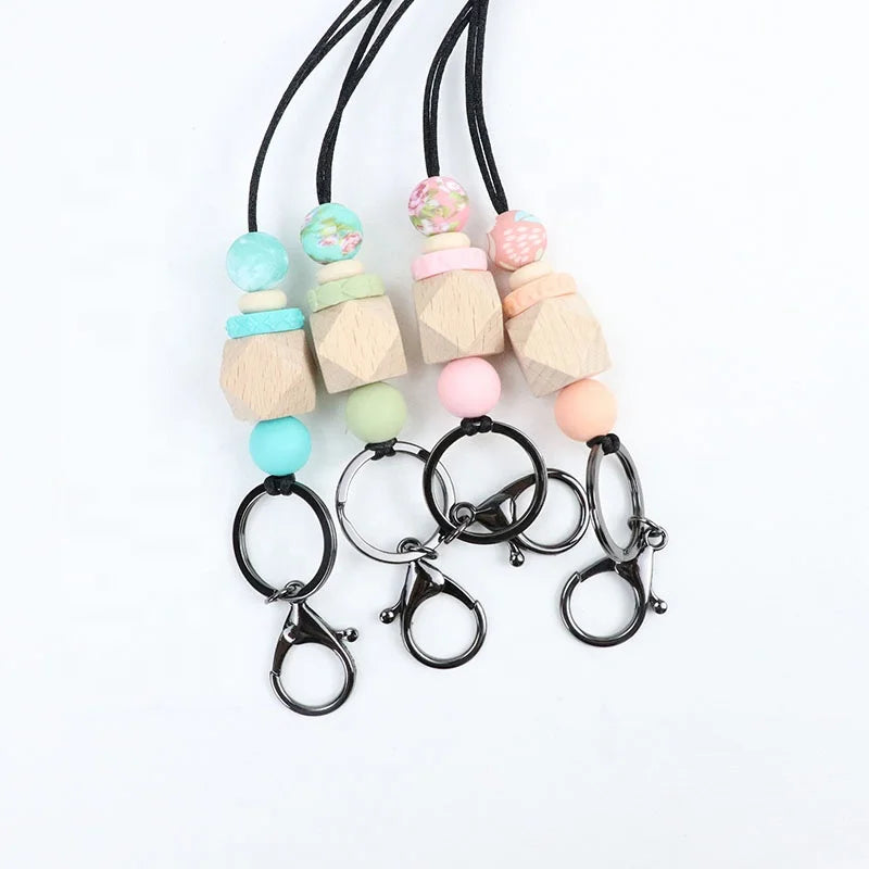 New Design Eco-Friendly Silicone Beaded Breakaway Keychain Charm Bag with Tassel Teacher ID Lanyard Custom Logo