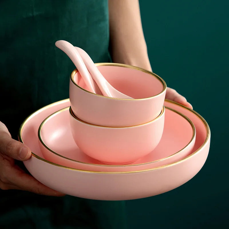 Factory Custom Ceramic Pink Color Dinnerware Sets Ceramic Tableware With Gold Rim Porcelain Plates for Banquet Event Party