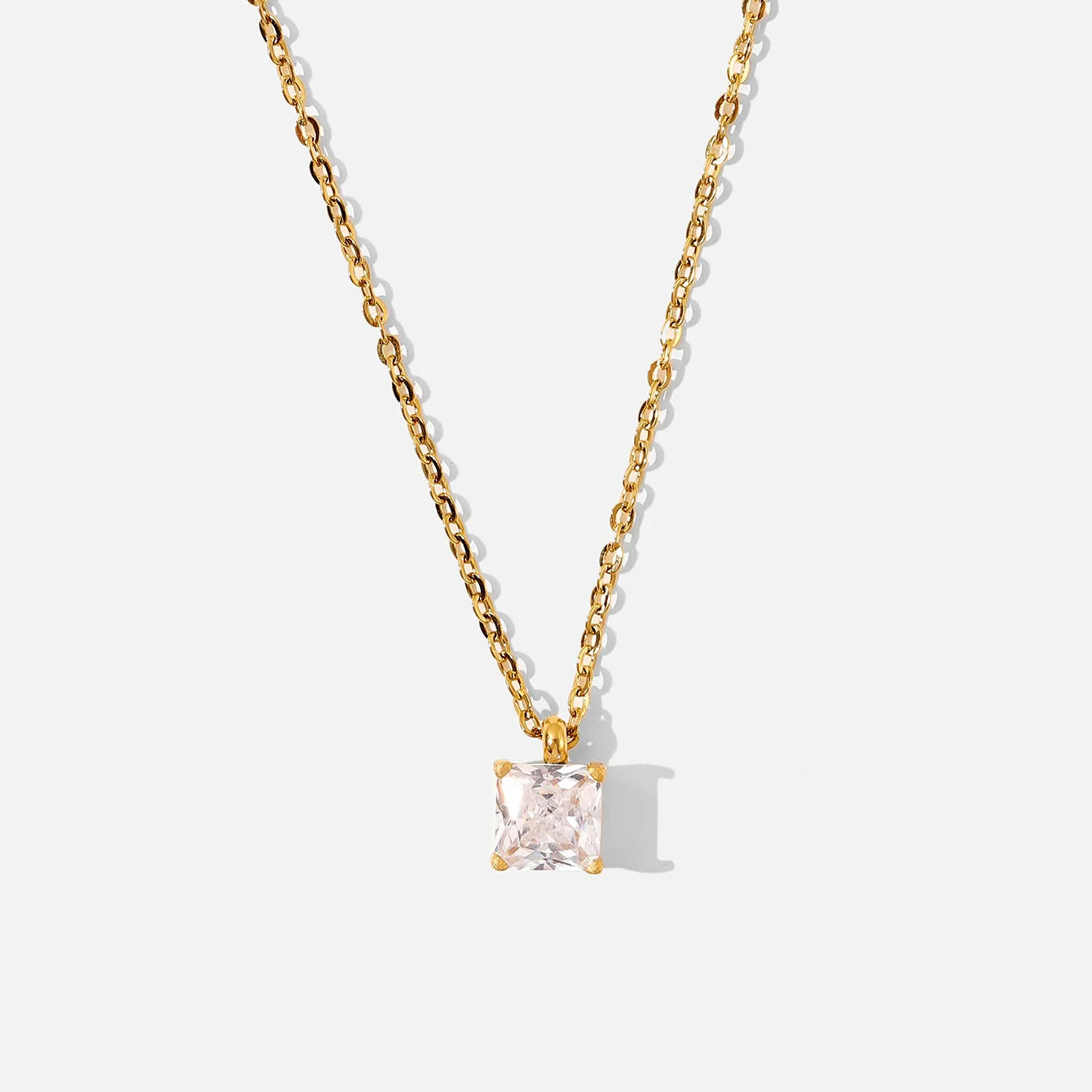 18K Gold Stainless Steel Square Zircon Pendant Necklace with Link Chain White/Pink/Green for Anniversary Jewelry