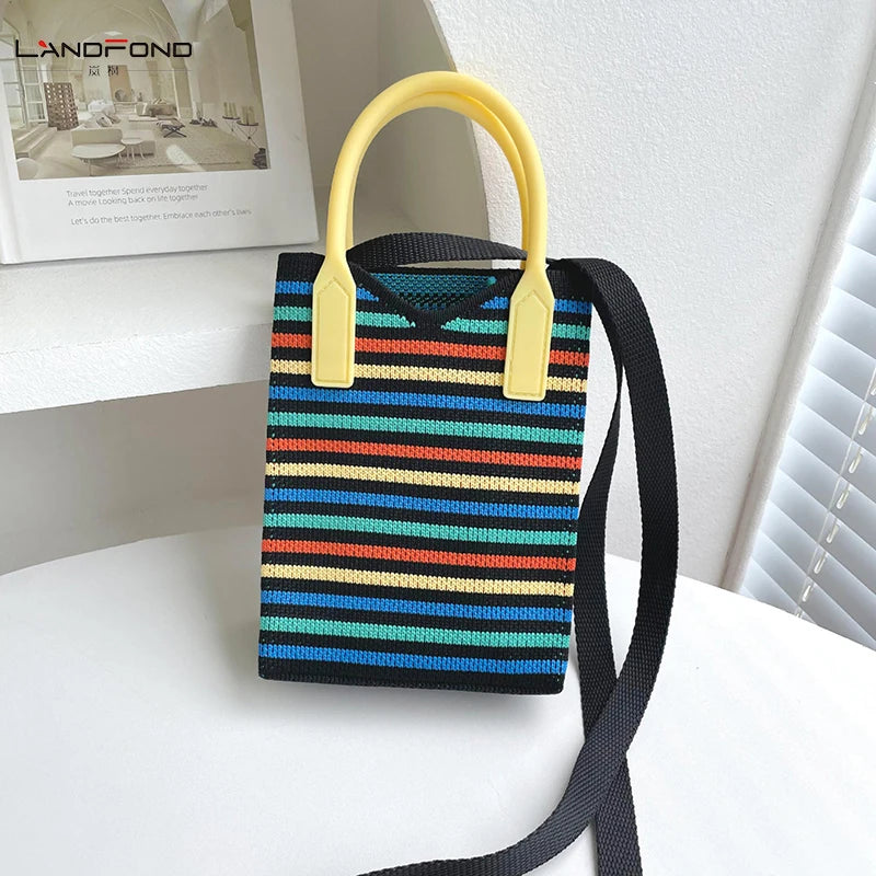 Landfond Accessory Fashion Striped Floral Plaid Jacquard Knitted Bag