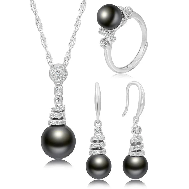 Sterling Silver 925 Pearl Shell Bead Set for Women Simple Fashion Inlaid Zircon Wedding Jewelry Set Ring Earrings Necklace