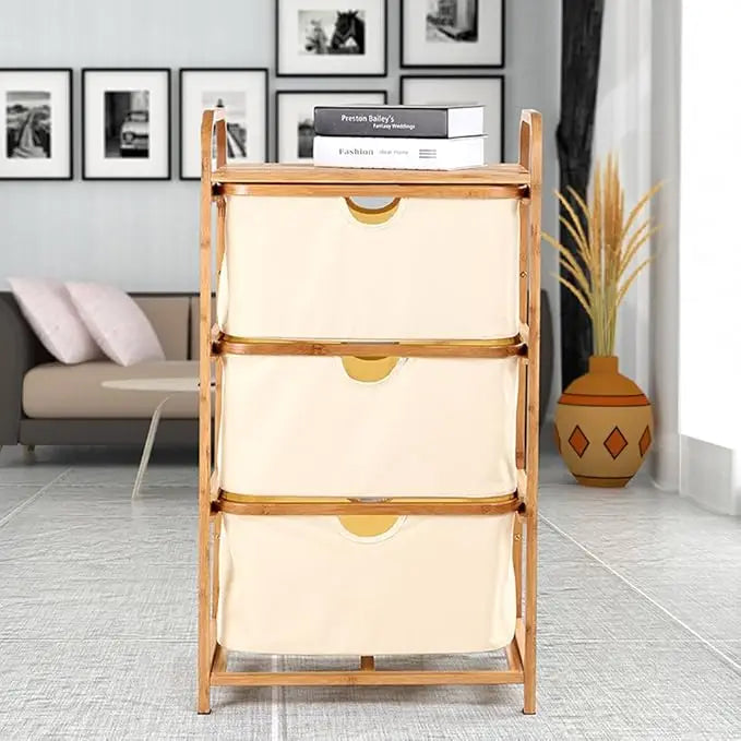Bamboo Laundry Hamper with 3 Compartments Shelf Laundry Bag