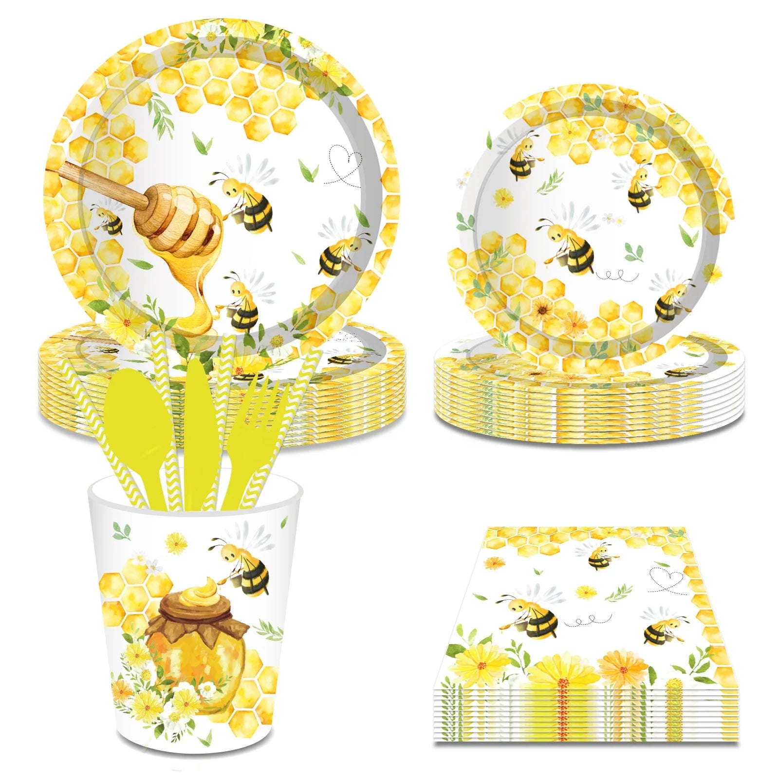 Huancai Bumble Bee Party Supplies Paper Plates Cups Napkins Disposable Tableware Set for Kids Birthday Party Decorations