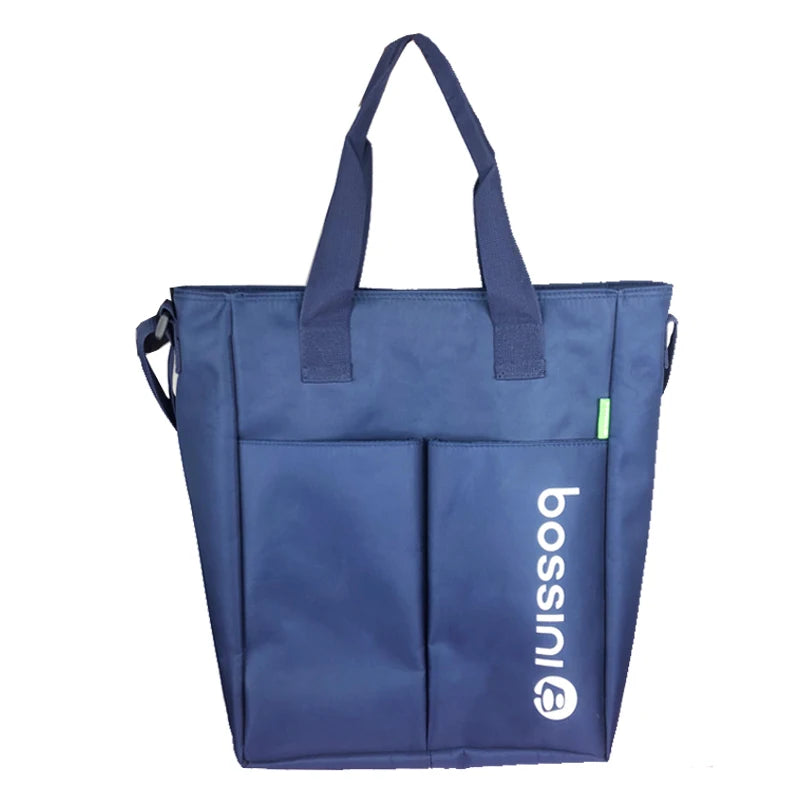 Custom Navy Blue Student Casual Tote Preppy Style Foldable Lightweight Saddle Shape Polyester Handbag Zipper Closure Long Strap