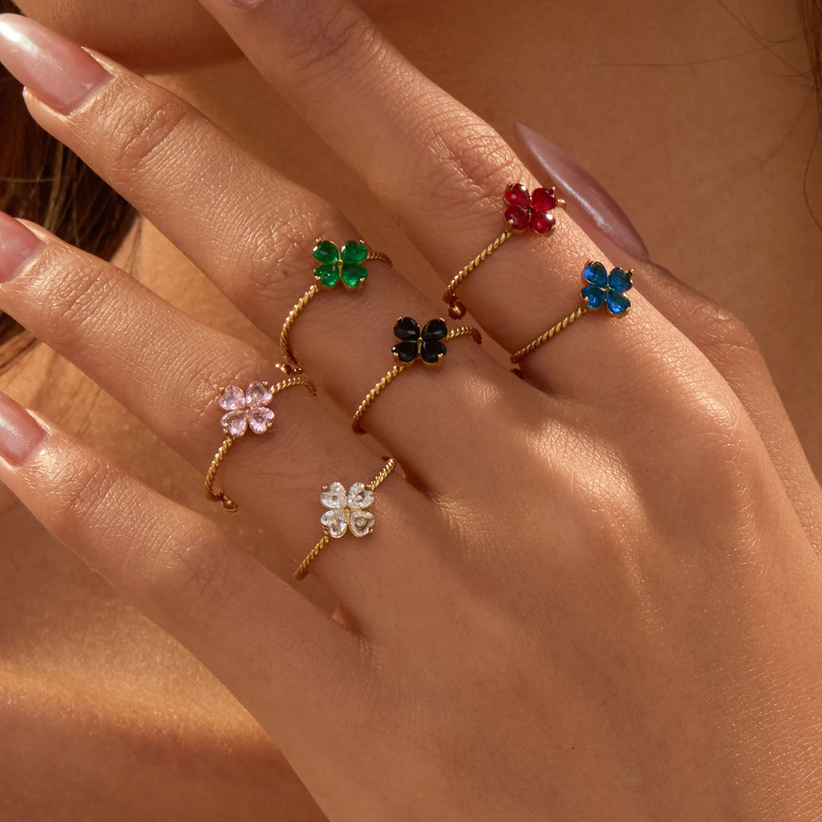Summer Colorful Flower Zircon Ring Stainless Steel Adjustable Ring Fashion Jewelry