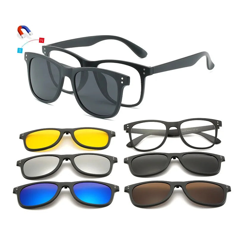 UNOC Full Rim Polarized UV400 Sunglasses with % UV Protection Mirror Night Vision 5-in-1 Magnetic Clip-On Design for Unisex