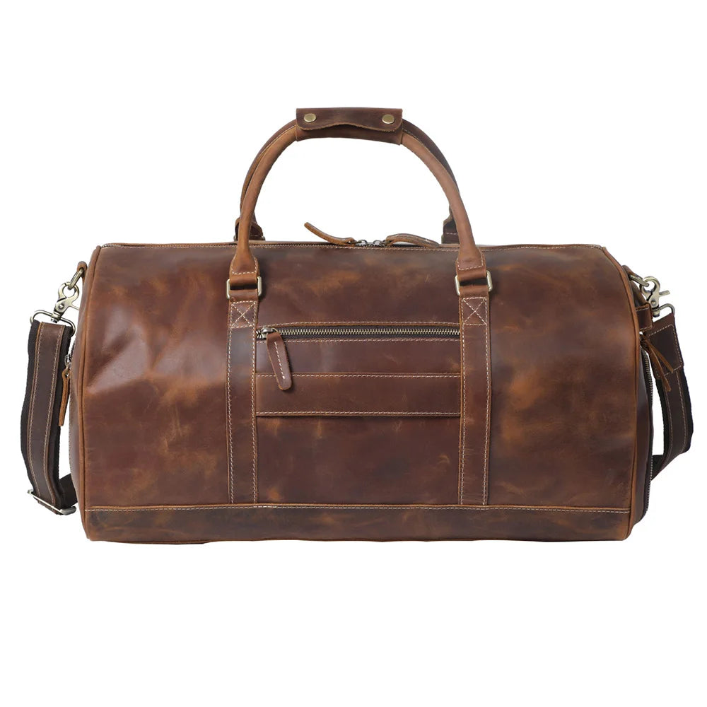 Large Capacity Vintage Crazy-Horse Leather Duffel Bag Stylish Waterproof and Durable Travel Handbag with Zipper Closure