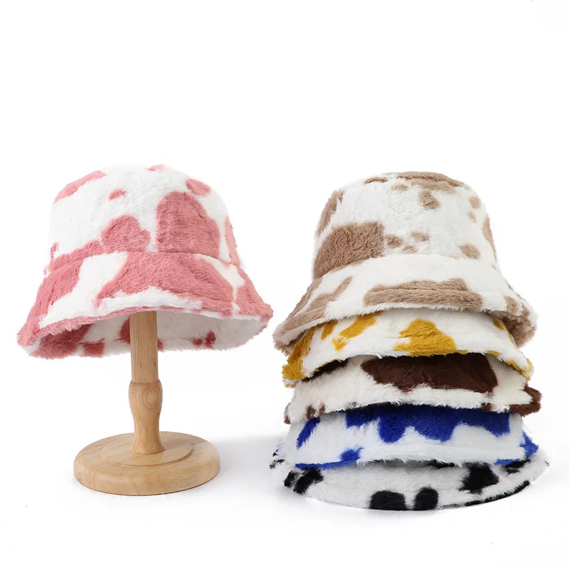 2026 Hot Selling Personality Simple Custom Winter Cow Faux Fur Bucket Hat Warm Acrylic Fluffy Plush Fisherman Hat