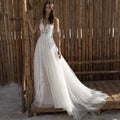 11889# Elegant Bohemian Open Back Tulle Sexy Deep V Neck Lace Applique A-Line Sleeveless Wedding Dress Wedding Gown Bridal Gown