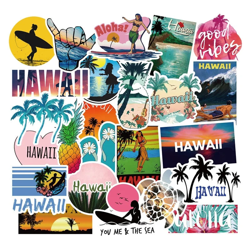 50Pcs Summer Holiday Hawaii Travel Scenery Washi Label for Bottle Cup Computer Suitcase Luggage Laptop Stickers