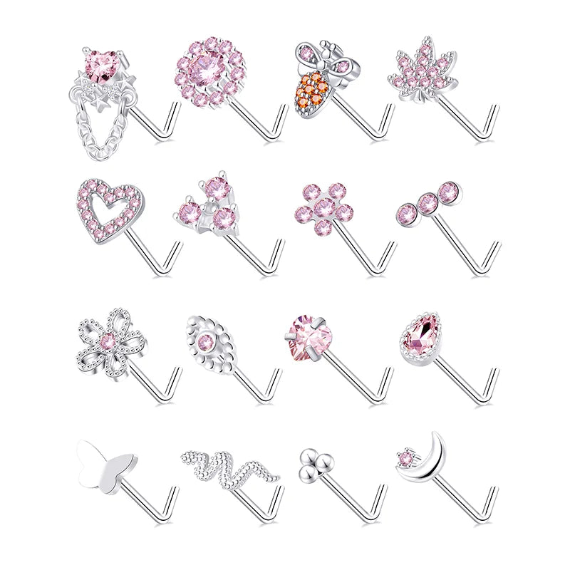 Stainless Steel Nose Ring Stud Pink CZ Heart Bee Leaf Nose Rings for Women Fashion Nose Piercing Jewelry