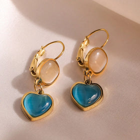 Hot Selling Personalized Blue Opal Love Earrings Retro Trend Anti Tarnish Titanium Steel Commuting Earrings Fashion Jewelry
