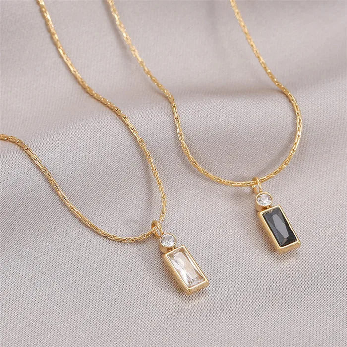 Trendy 14k Gold Plated Stainless Steel Rectangular Pendant Necklace with Zircon Gemstone for Women's Engagement Perfect Gift