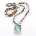 Fashion Bohemian Jewelry Necklace 8mm Natural Stone Crystal Glass Beads Knotted Rectangle Stone Pendant Necklace