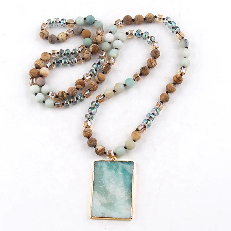 Fashion Bohemian Jewelry Necklace 8mm Natural Stone Crystal Glass Beads Knotted Rectangle Stone Pendant Necklace