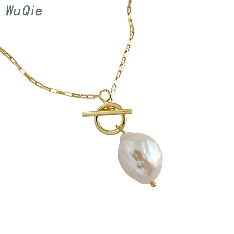 Wuqie 925 Sterling Silver Gold Plated Toggle Clasp Baroque Pearl Necklace Genuine Freshwater Pearl Necklaces for Women