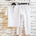 New Arrival Men's Cotton and Linen Short Sleeve T-shirt+ankle Length Pant Set Solid Shirt+trousers Home Suits Male Size M-5xl
