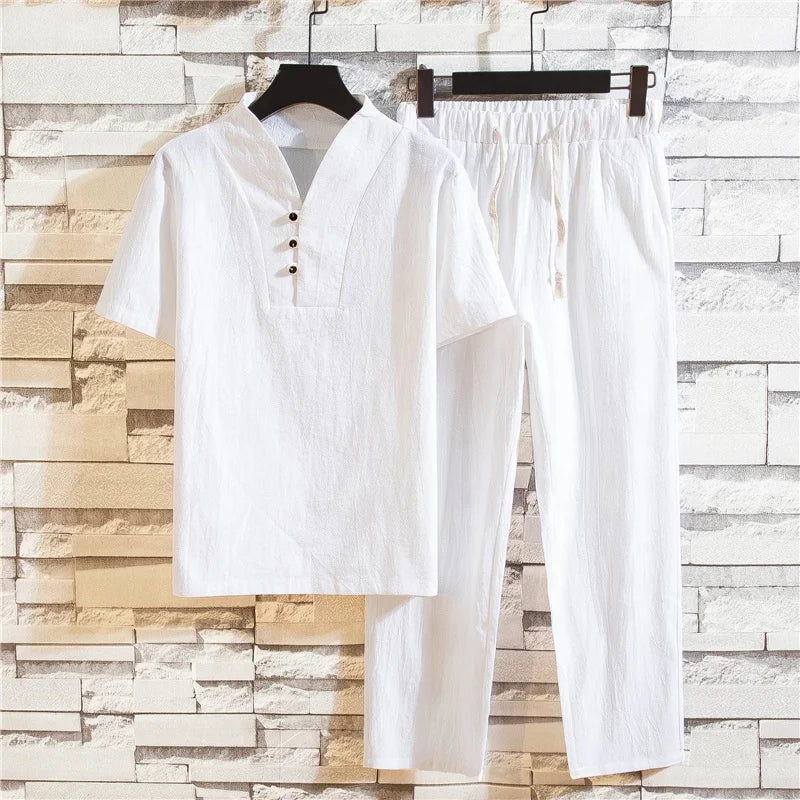 New Arrival Men's Cotton and Linen Short Sleeve T-shirt+ankle Length Pant Set Solid Shirt+trousers Home Suits Male Size M-5xl