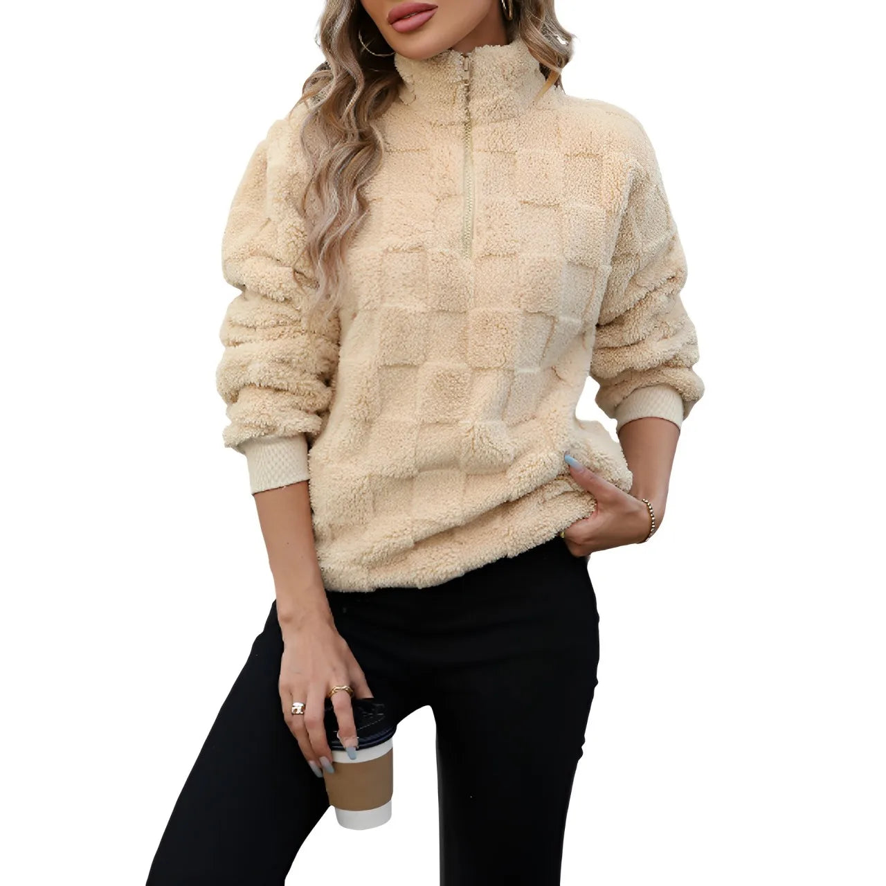 Women Half Zipper Sweatshirts Pullover Jackets Fleece Women's Clothing New Arrival Clothes Warm Checkered Winter Coats for 2024