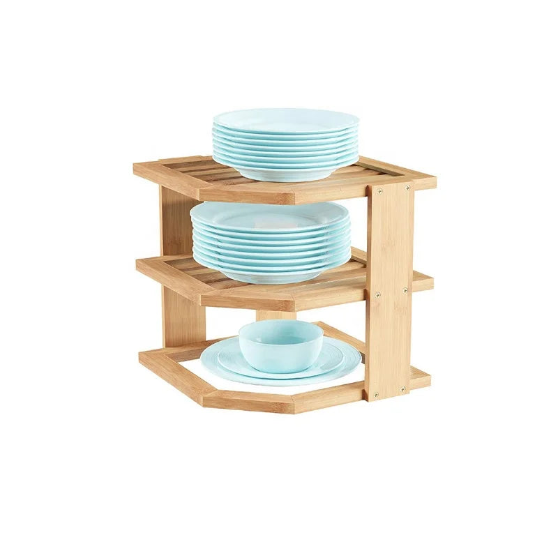 Modern 3-Tier Bamboo Wood Plate Dish Storage Rack Functional Corner Kitchen Home Organizer Factory Storage Holders Racks